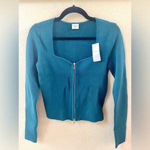 Abercrombie Women’s Zip-Up Notch-Neck Slim Top - Teal (Size M)